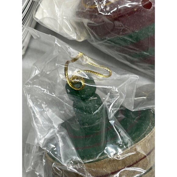 Christmas tree wood top set of 7 ornaments striped green gold 3" red READ NEW - Picture 5 of 7